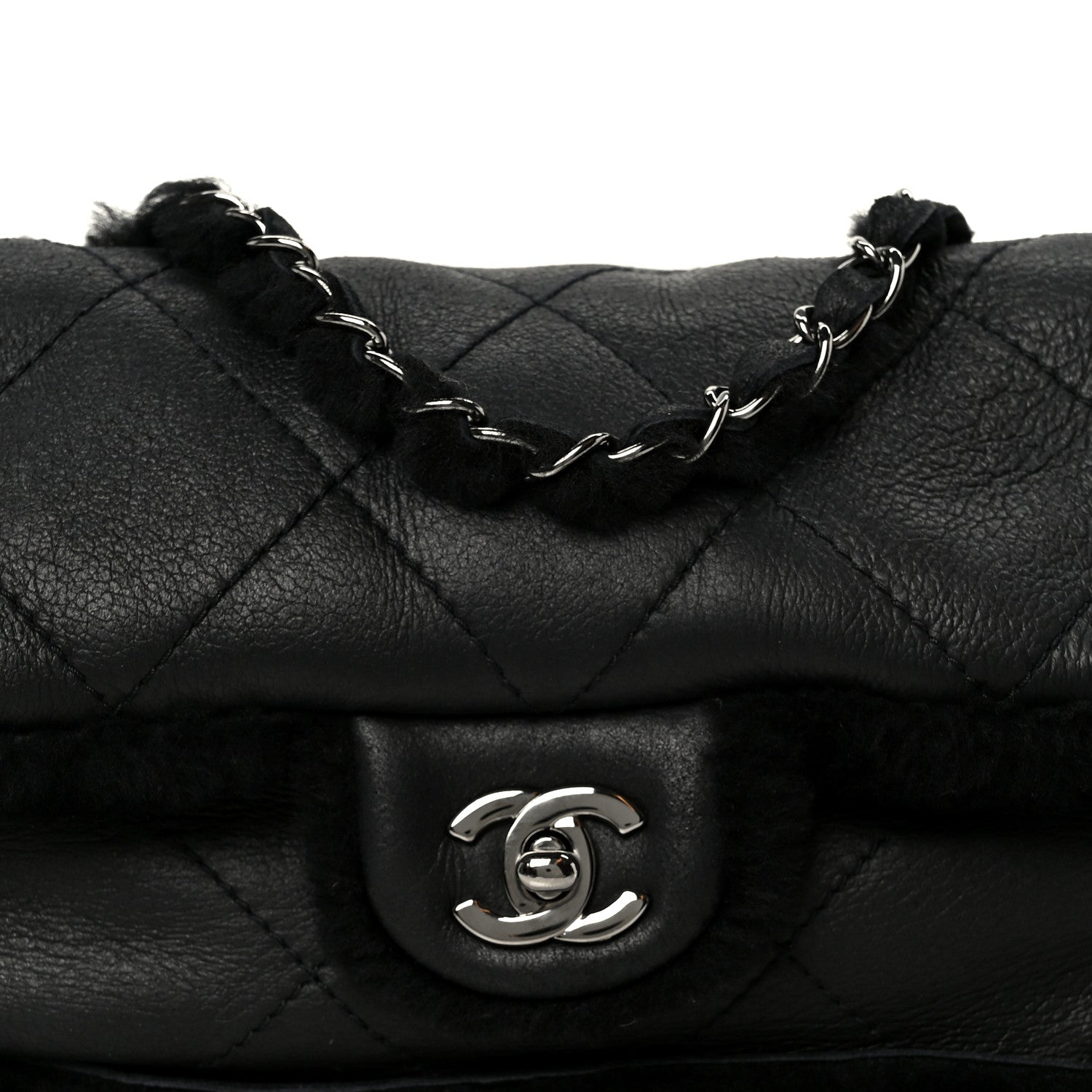 Shearling Quilted Medium Single Flap Black