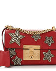 Calfskin Crystal Star Embroidered Small Padlock Shoulder Bag Hibiscus Red