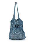 Yarn Raffia Effect Crochet Logo Embroidered Tote Bag Celeste