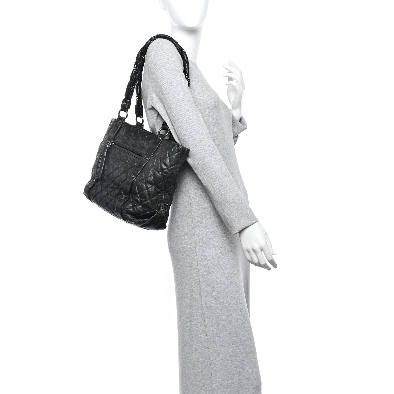 Distressed Lambskin Vintage Ligne Lady Braid Tote Black