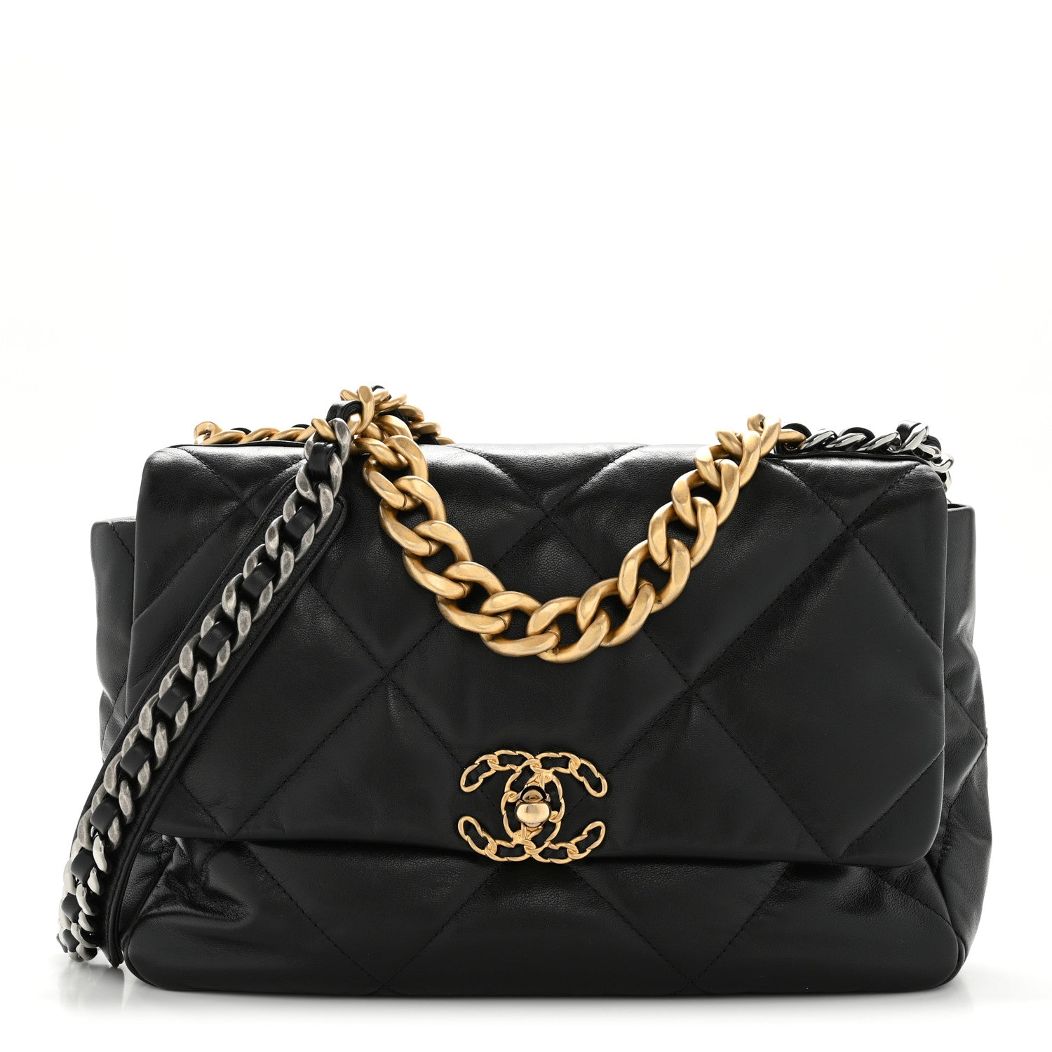 Shiny Goatskin Quilted Large CHNL 19 Flap Black