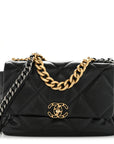 Shiny Goatskin Quilted Large CHNL 19 Flap Black