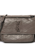 Crinkled Calfskin Matelasse Monogram Medium Niki Chain Satchel Greyish Brown