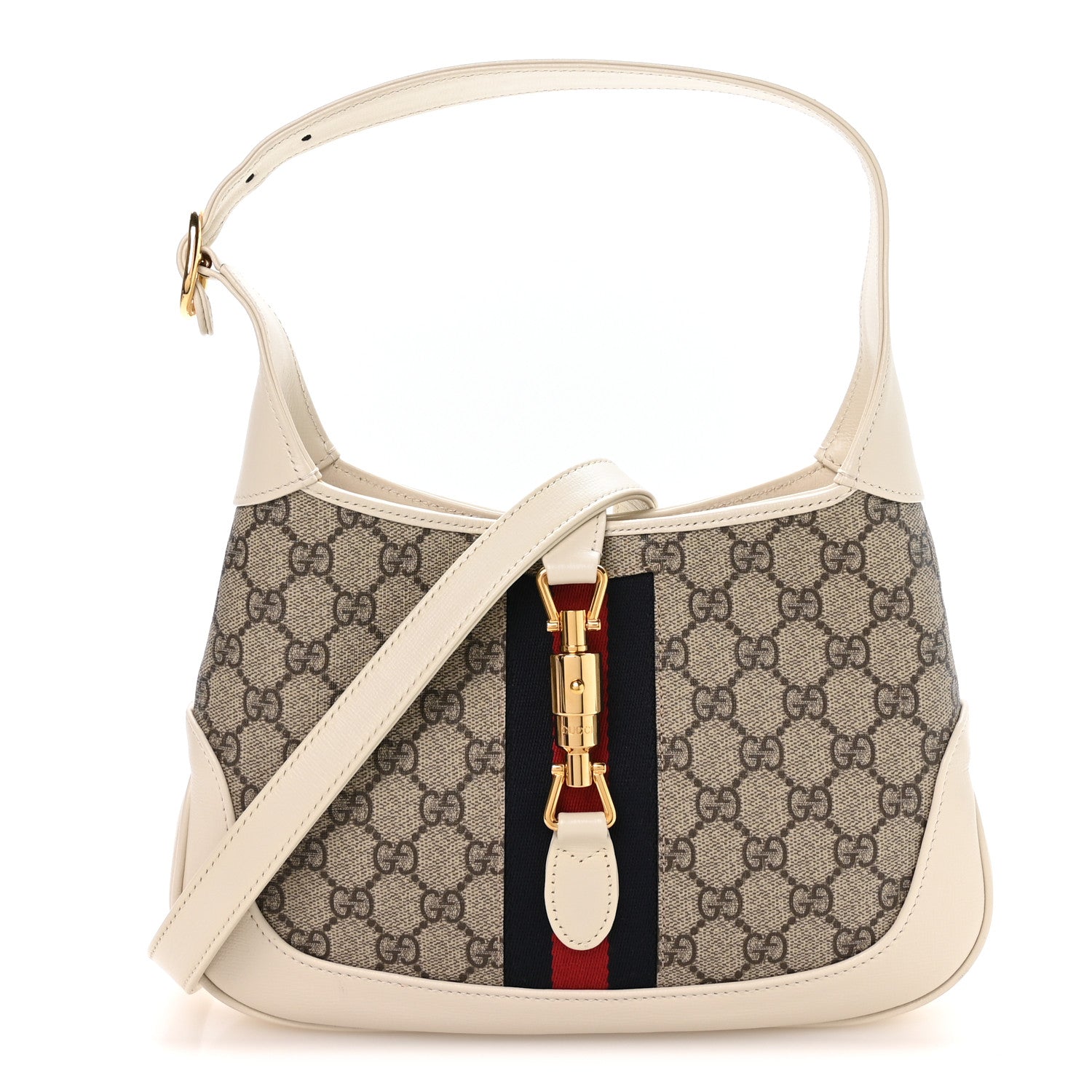 GG Supreme Monogram Azalea Calfskin Web Small Jackie 1961 Hobo Beige Ebony Mystic White