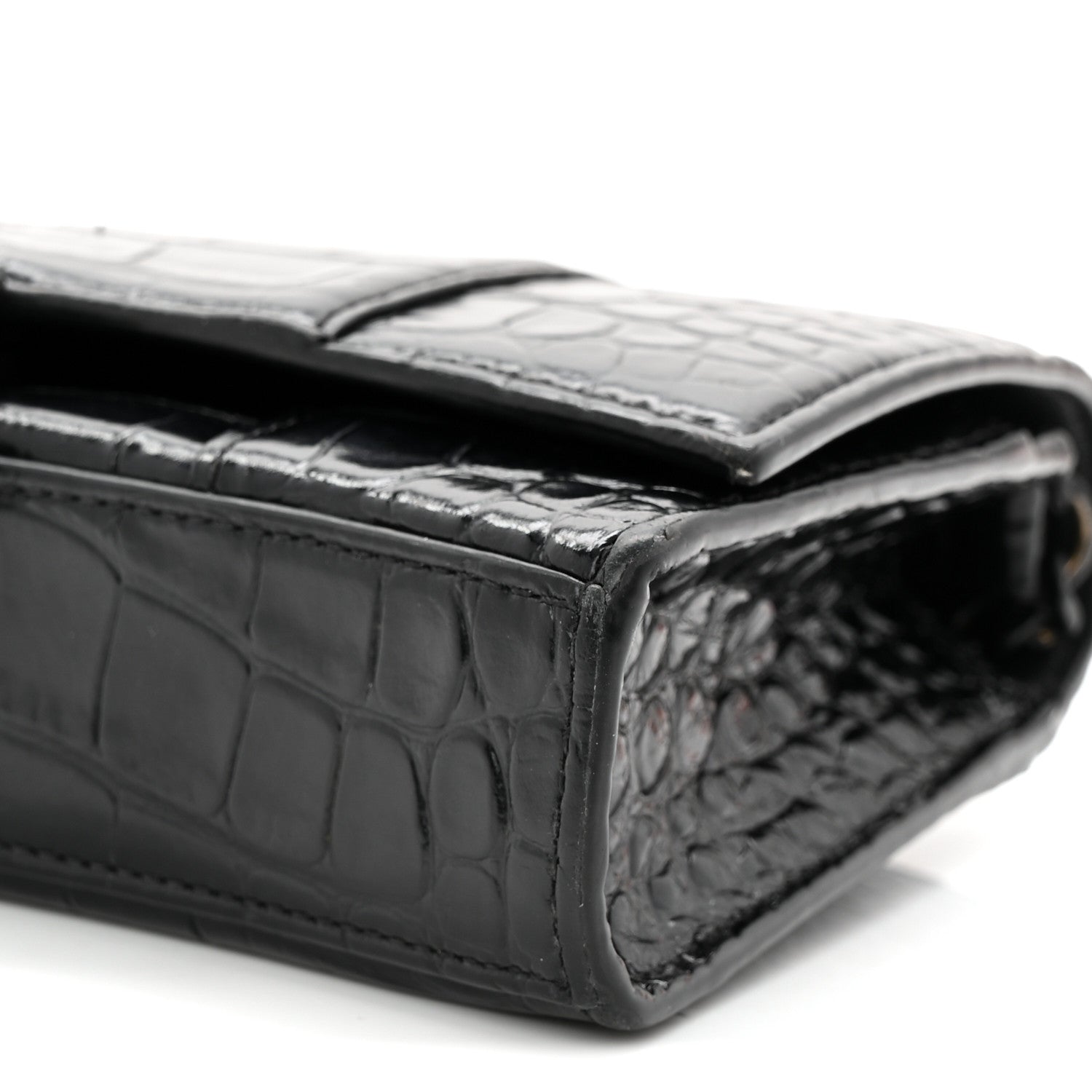 Shiny Calfskin Monochrome Crocodile Embossed Hourglass Chain Bag Black