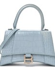 Shiny Calfskin Crocodile Embossed Small Hourglass Top Handle Bag Blue Grey