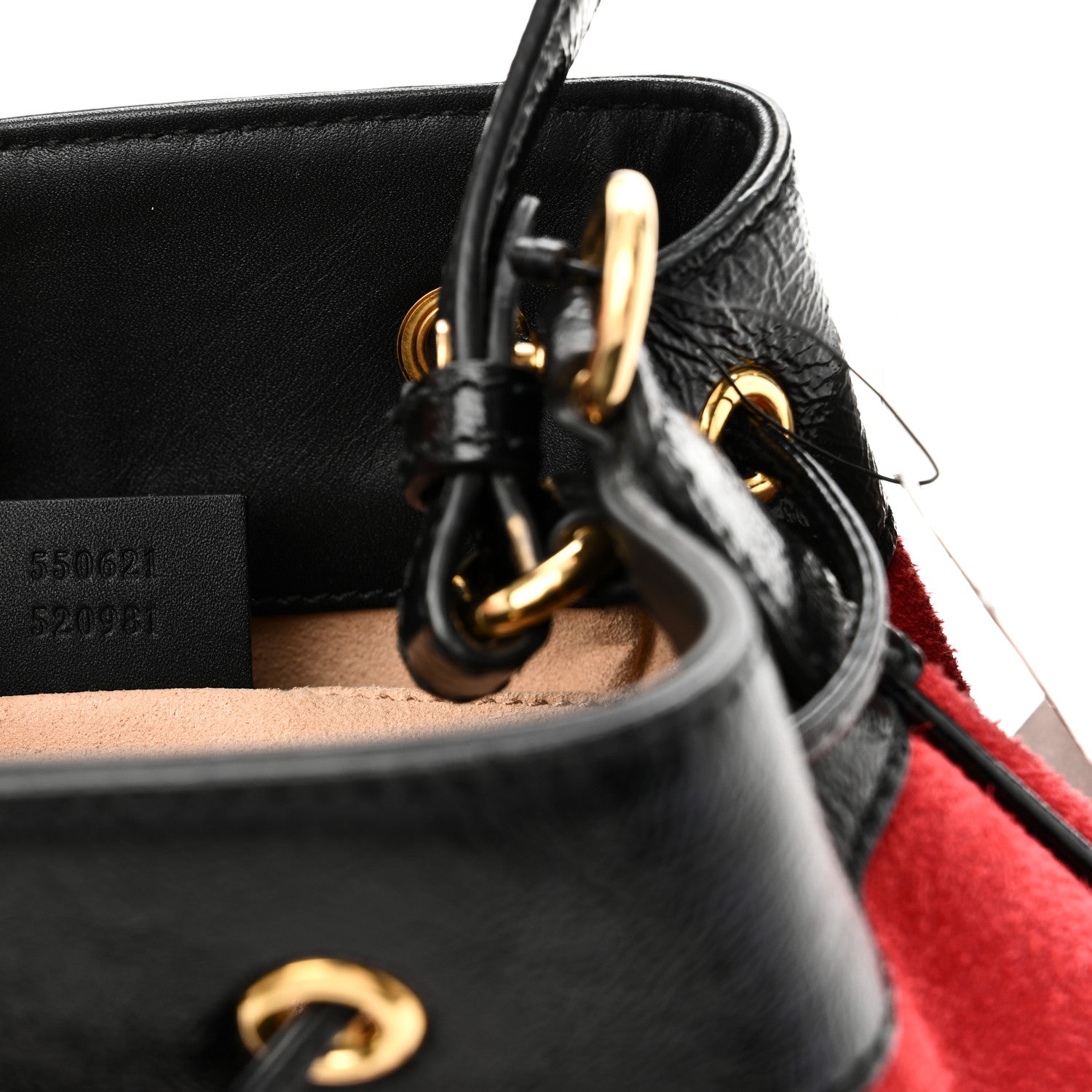 Suede Patent Web Small Ophidia Bucket Bag Hibiscus Red Black