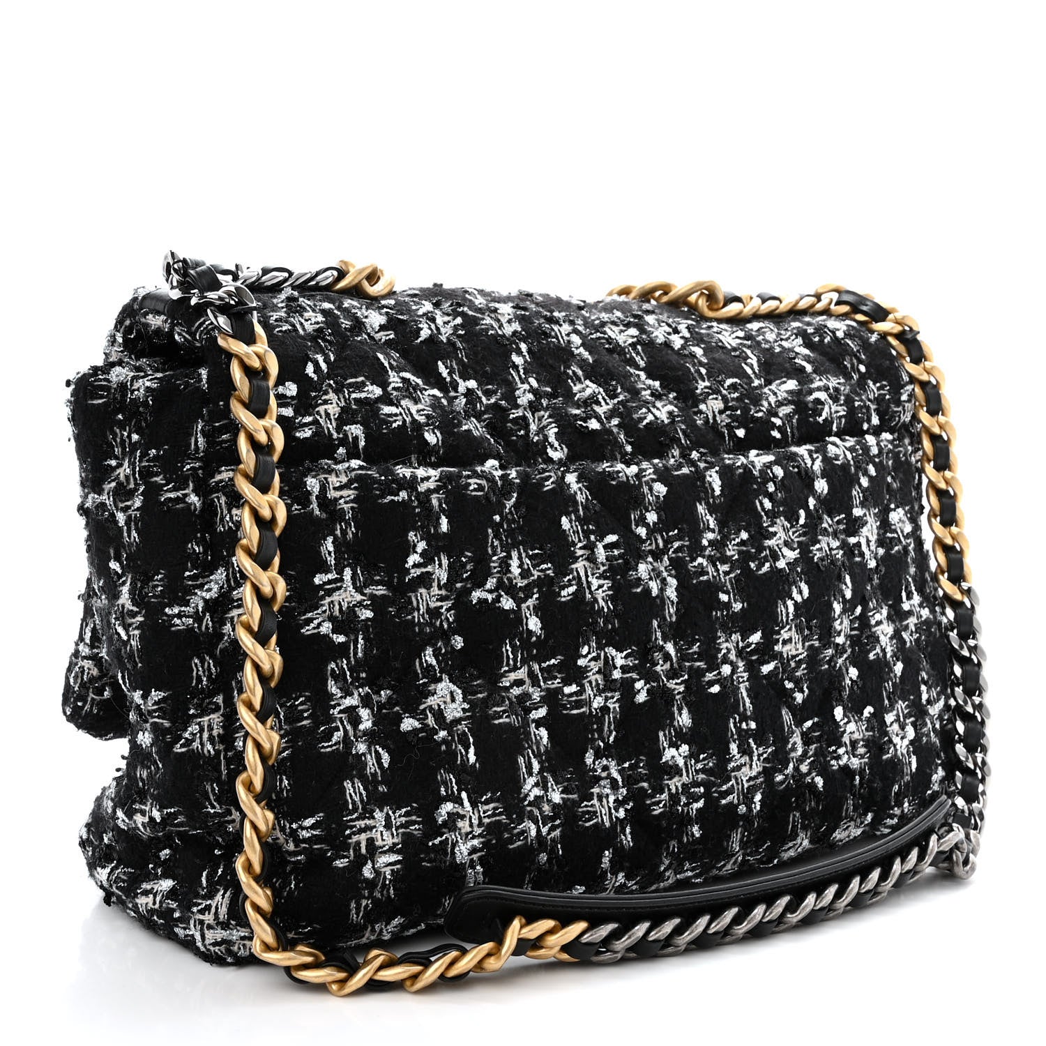 Tweed Quilted Maxi CHNL 19 Flap Black Silver Ecru