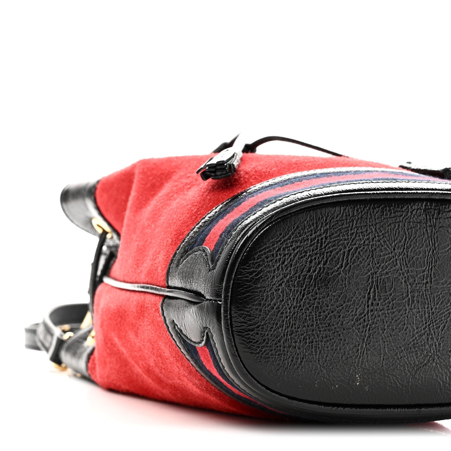 Suede Patent Web Small Ophidia Bucket Bag Hibiscus Red Black