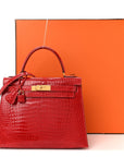 Shiny Porosus Crocodile Kelly Sellier 28 Rouge Vif