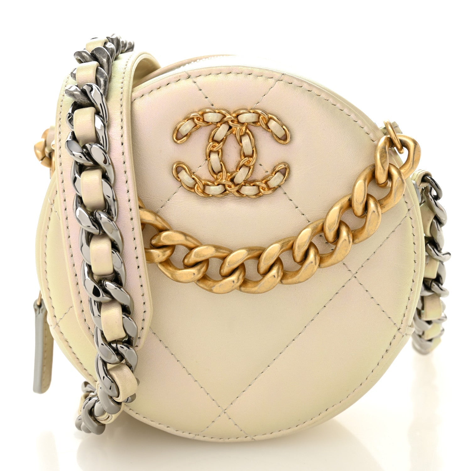 Iridescent Calfskin Quilted CHNL 19 Round Clutch With Chain White