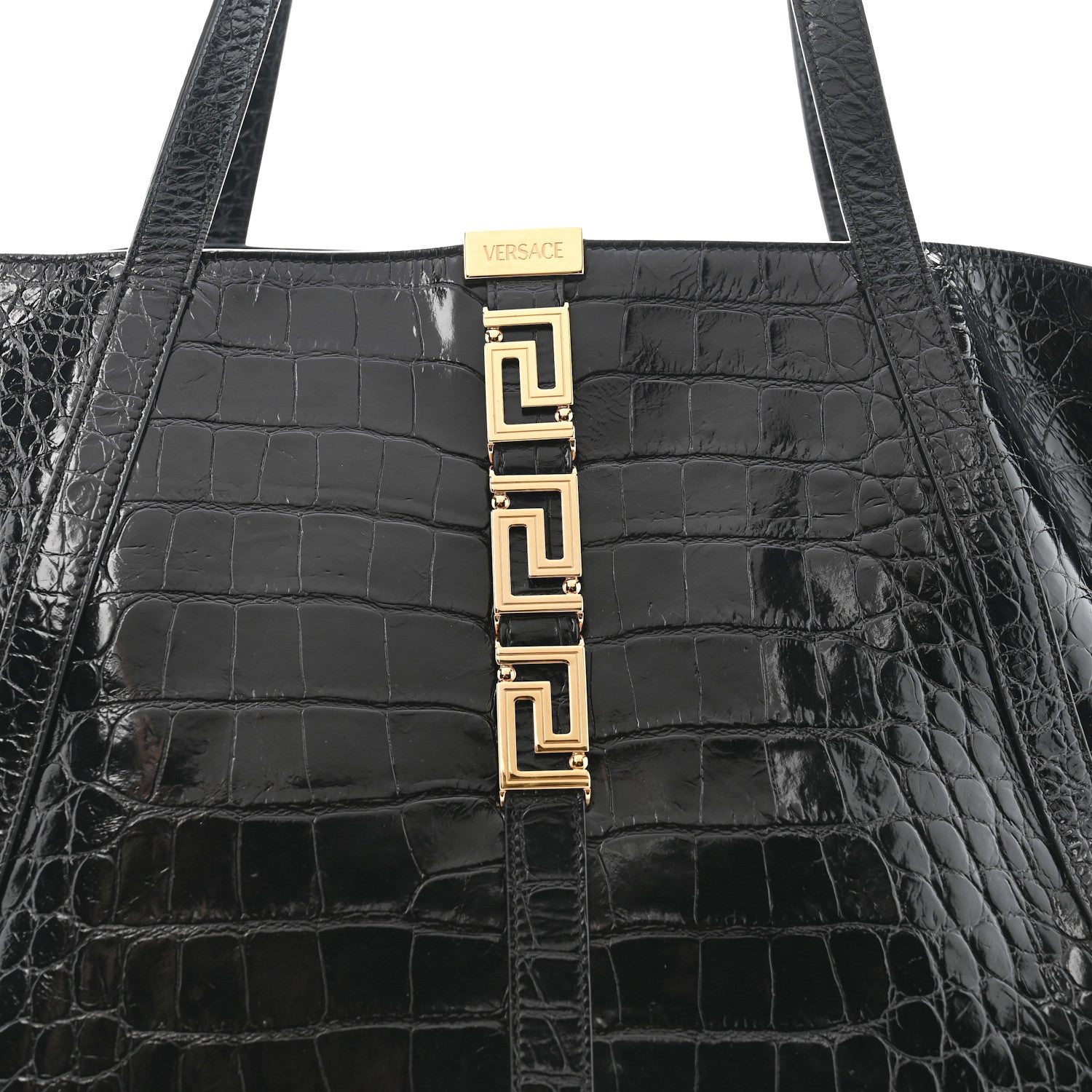 Calfskin Crocodile Embossed Greca Goddess Tote Bag Black