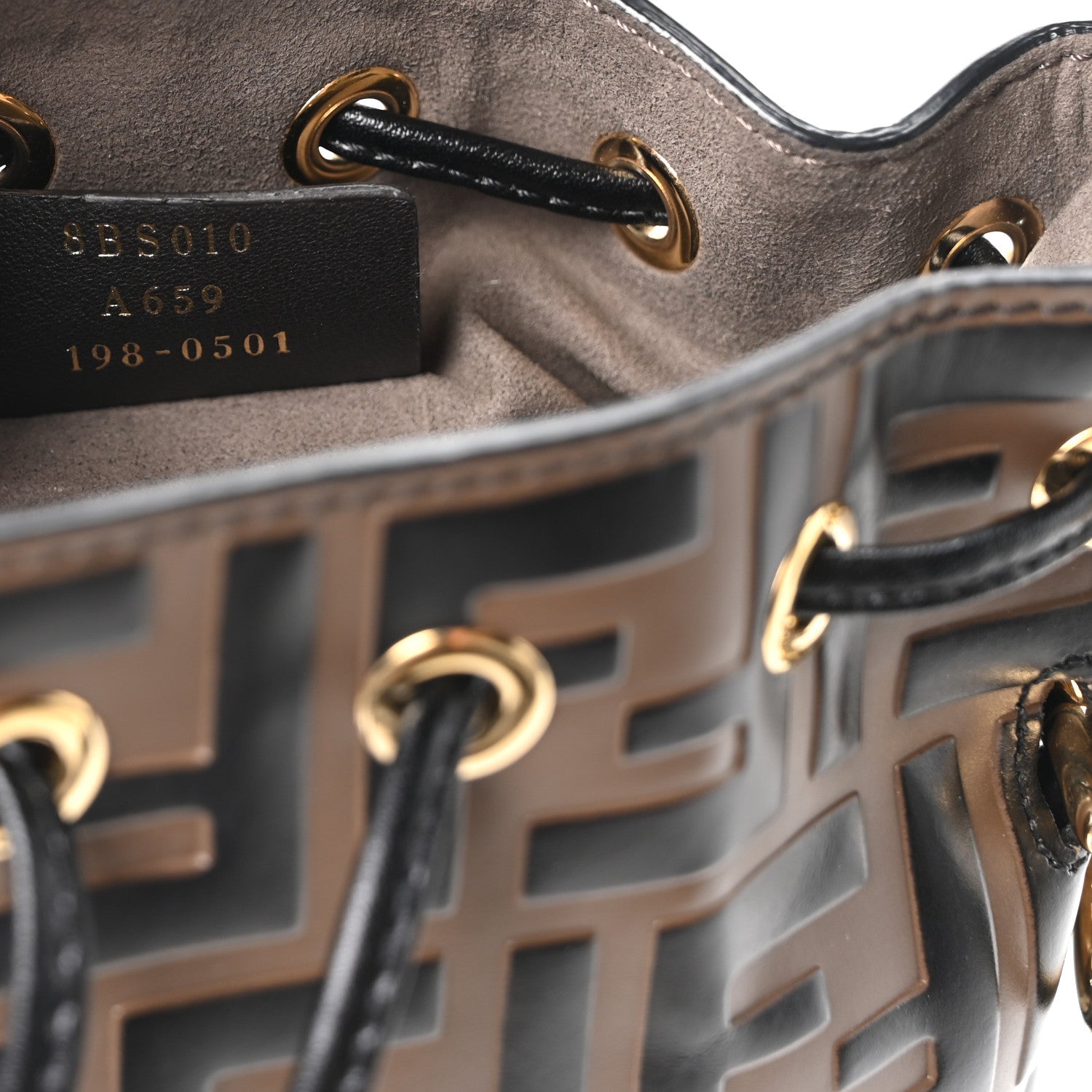 Vitello Liberty F is FNDI Bi-Color FF 1974 Embossed Mini Mon Tresor Bucket Bag Maya Black