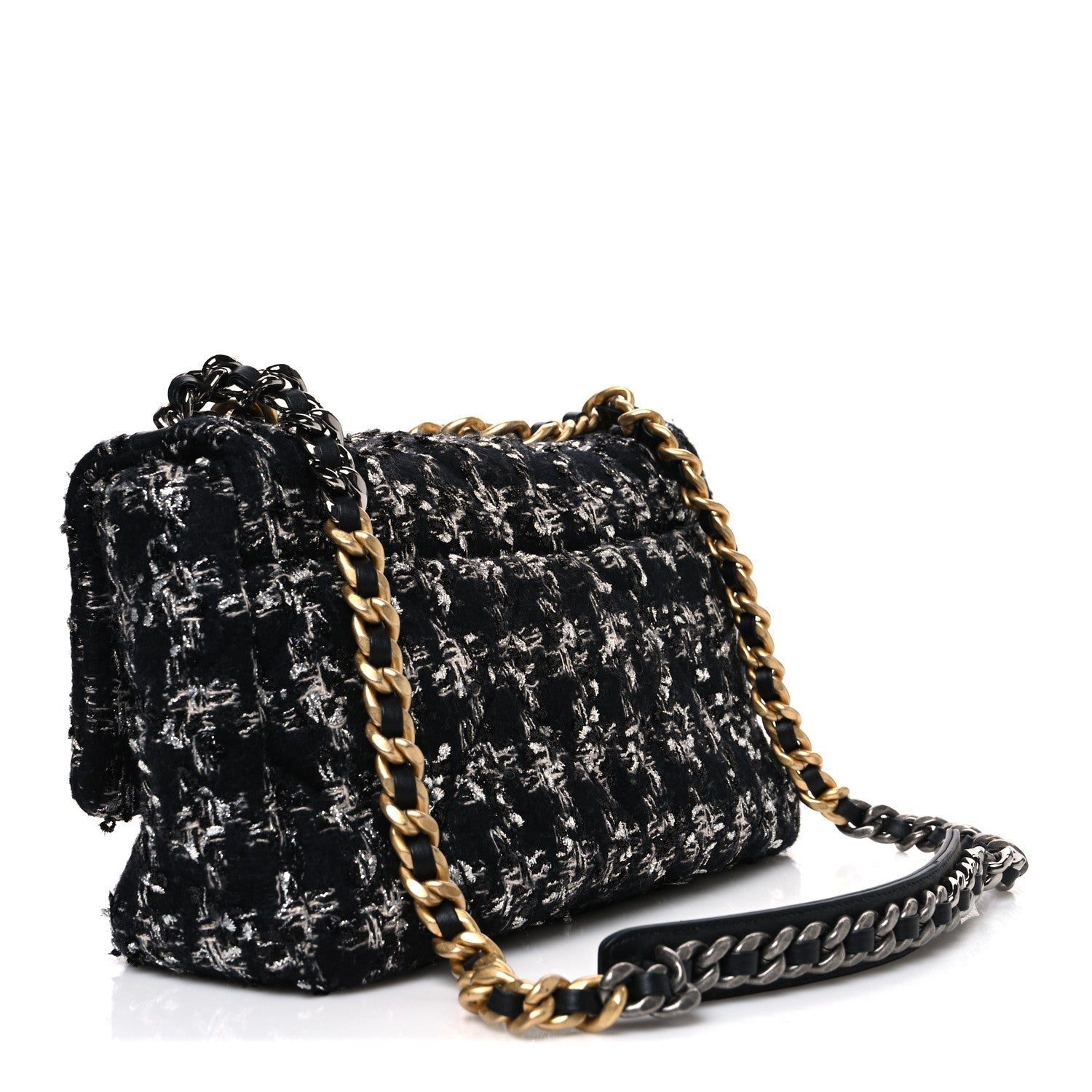 Tweed Quilted Large CHNL 19 Flap Black Silver Ecru