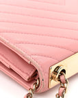 Lambskin Chevron Quilted Trendy CC Wallet On Chain WOC Pink