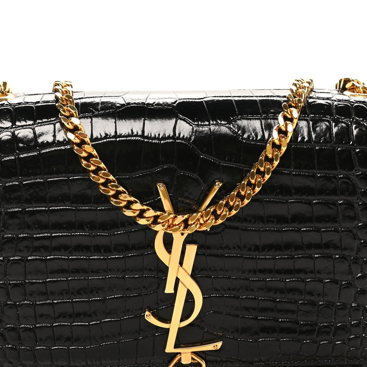 Calfskin Crocodile Embossed Small Classic Monogram Kate Tassel Satchel Black