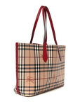 Grainy Calfskin Haymarket Check Medium Reversible Tote Red