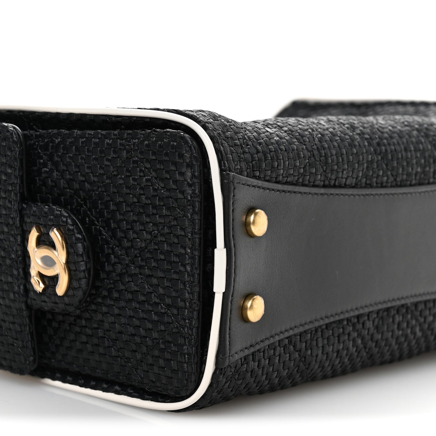 Braided Raffia Calfskin Quilted Mini CHNL 25 Handbag Black White