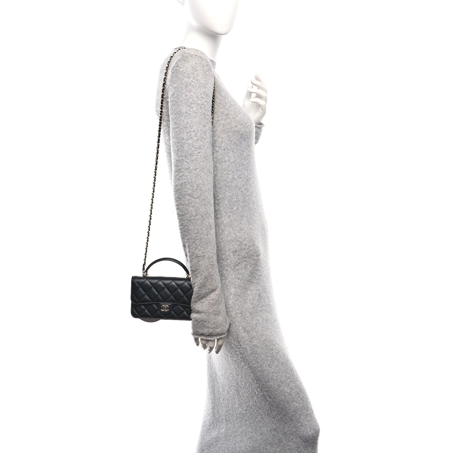 Lambskin Quilted Flap Phone Holder With Chain Black