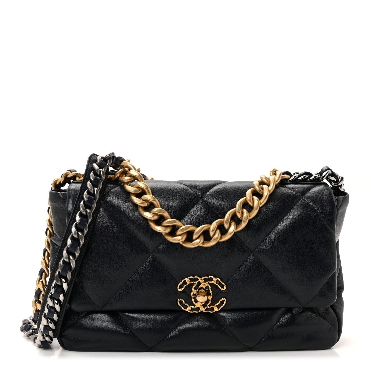 Goatskin Quilted Large CHNL 19 Flap Navy Blue
