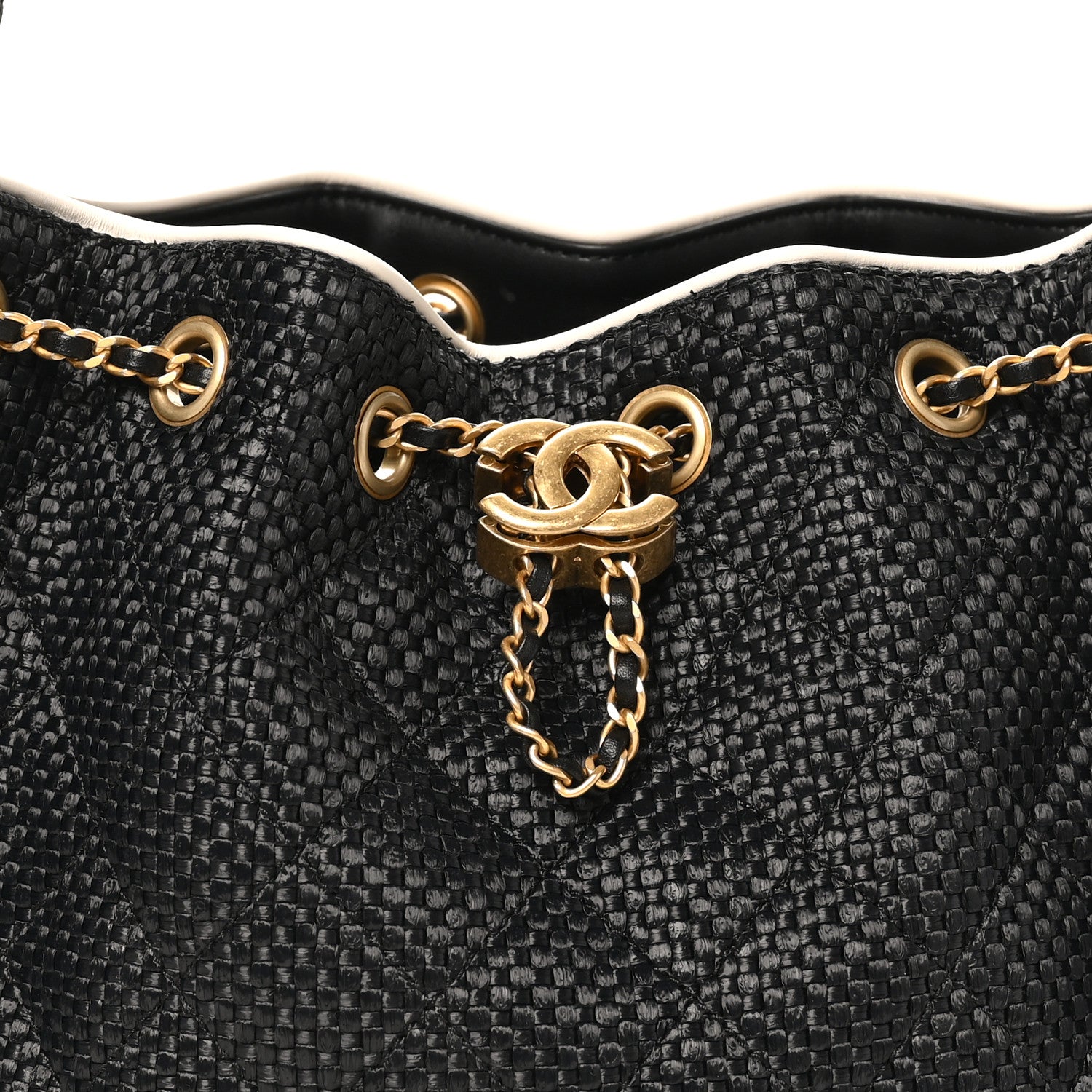 Braided Raffia Calfskin Quilted Small CHNL 25 Handbag Black White