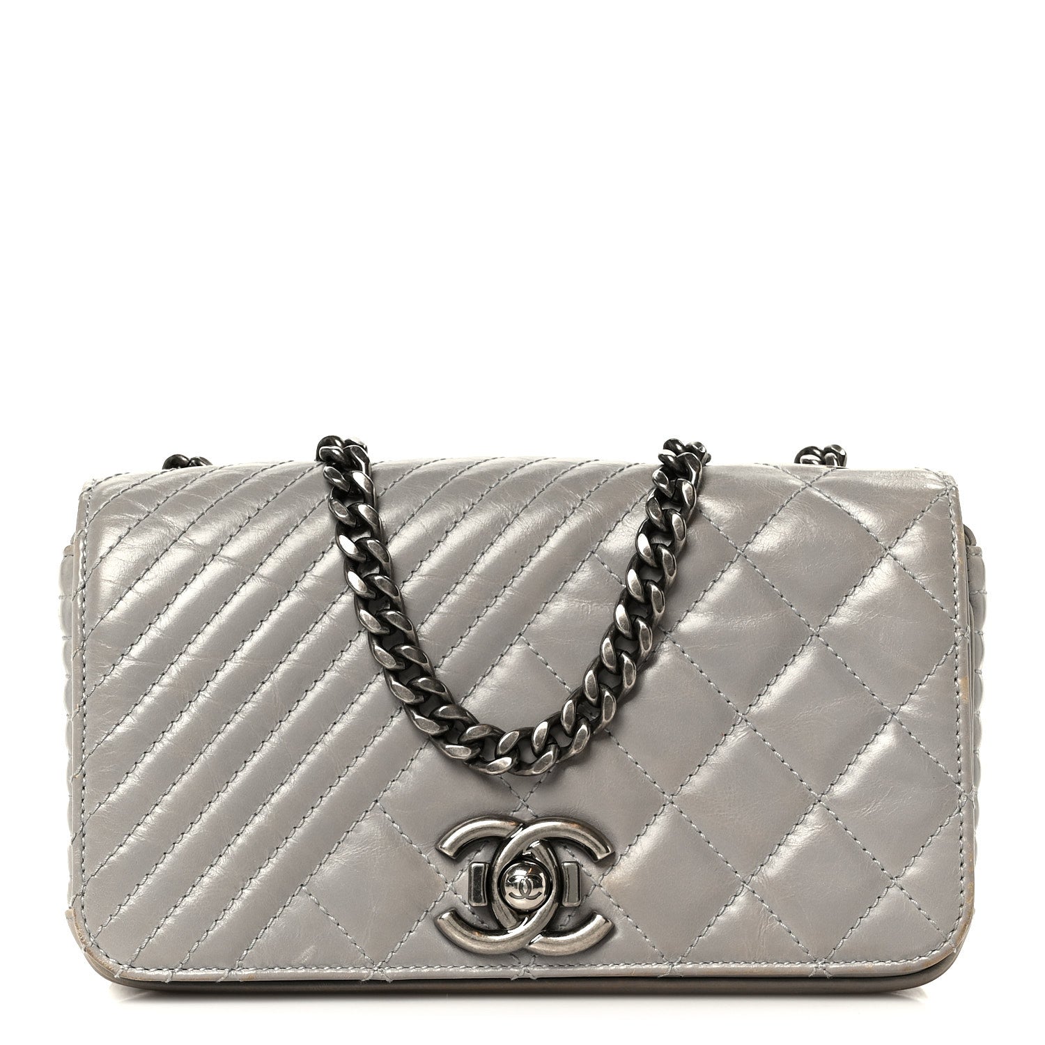 Glazed Calfskin Quilted Small Coco Boy Flap Grey