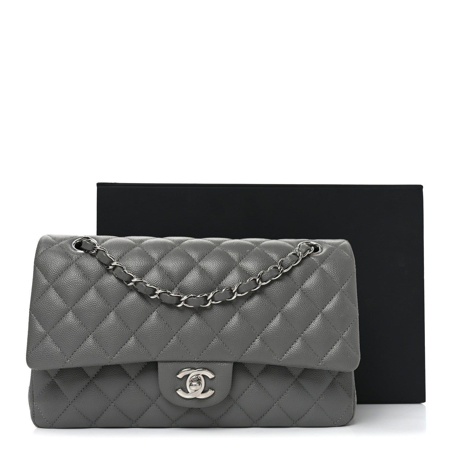 Caviar Quilted Medium Double Flap Grey