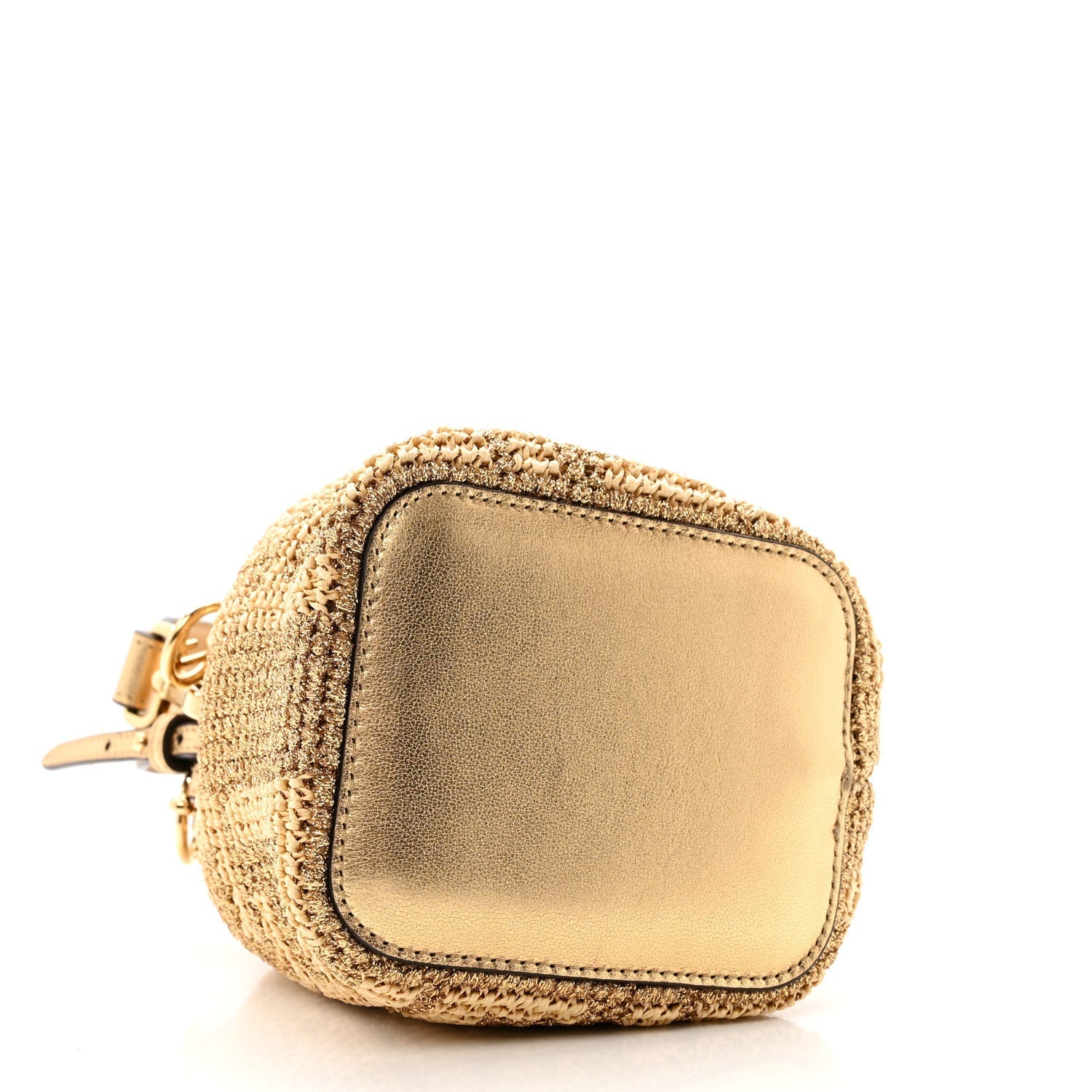 Raffia Lurex Vitello Laminato F is FNDI FF Crochet Mini Mon Tresor Bucket Bag Natural Oro