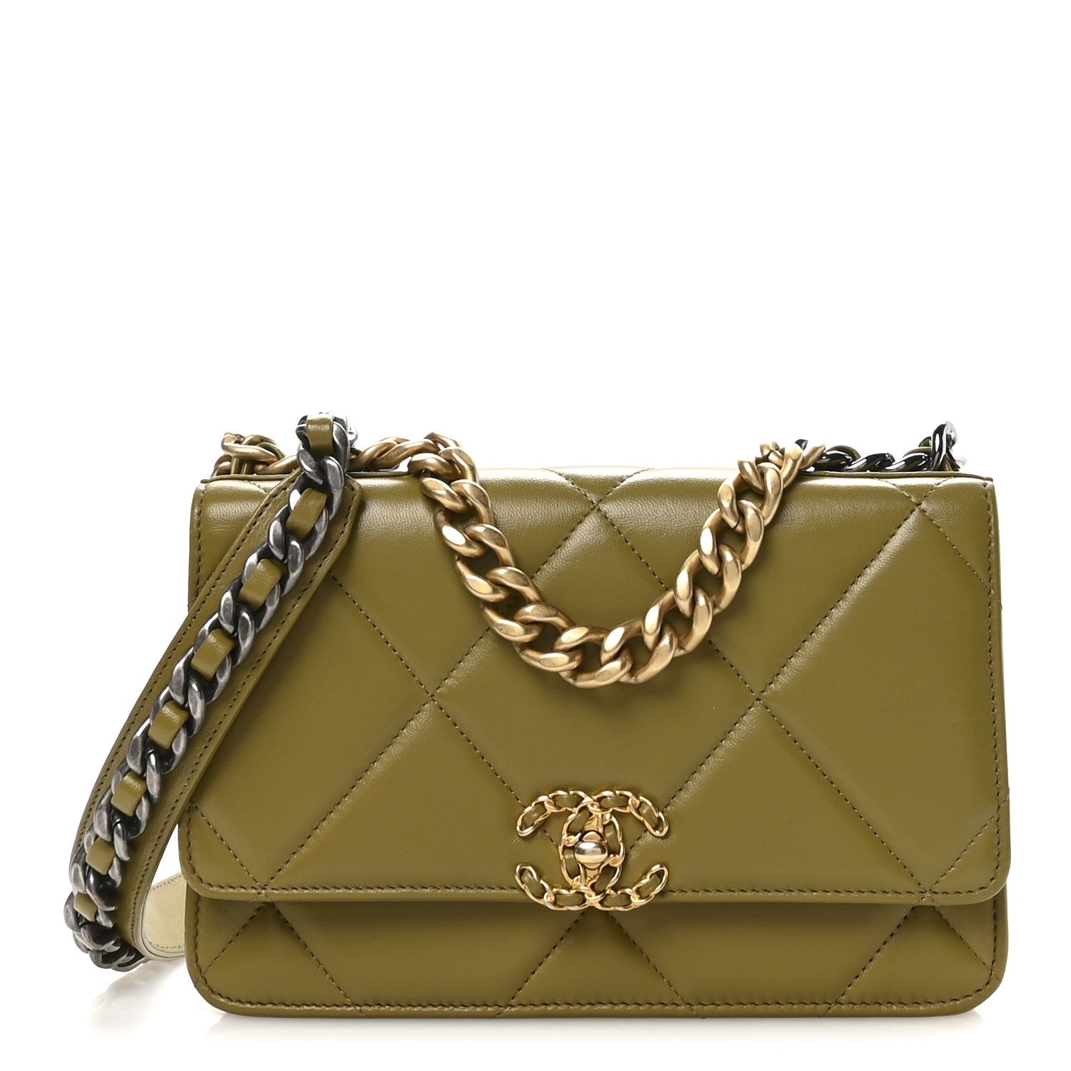 Lambskin Quilted CHNL 19 Wallet On Chain WOC Green