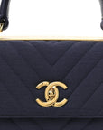 Jersey Chevron Quilted Small Trendy CC Dual Handle Flap Bag Navy Blue
