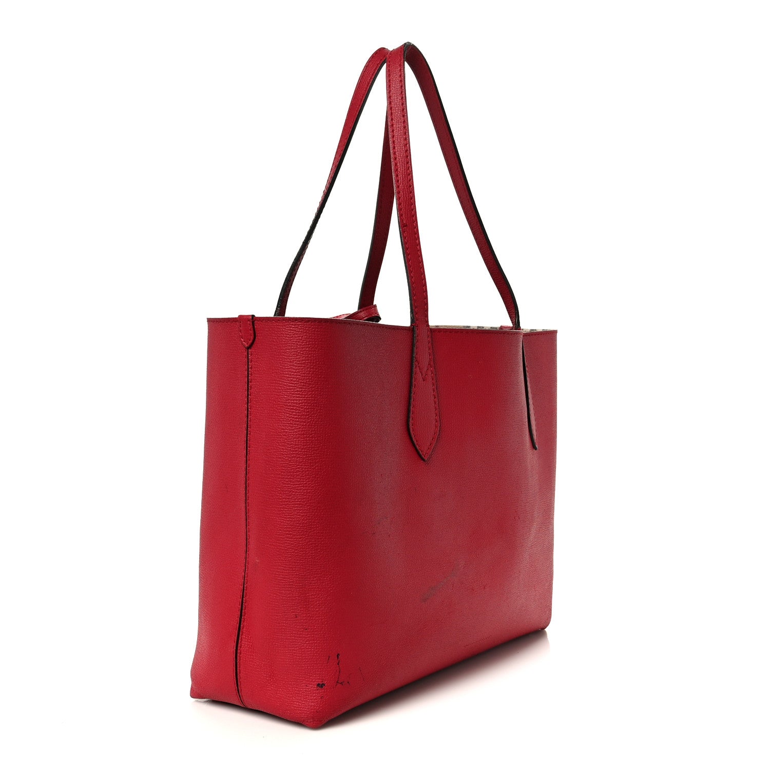 Grainy Calfskin Haymarket Check Medium Reversible Tote Red