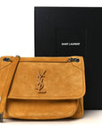 Suede Monogram Medium Niki Chain Satchel Cheddar