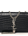 Calfskin Crocodile Embossed Small Classic Monogram Kate Tassel Satchel Black