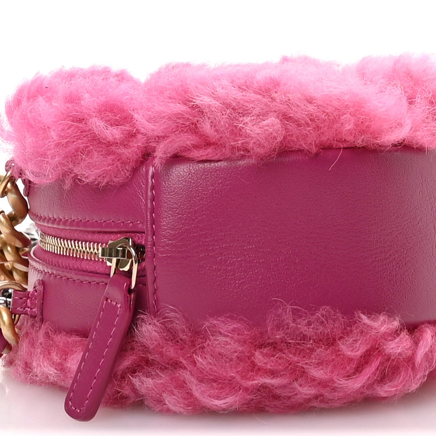 Shearling Sheepskin CHNL 19 Round Clutch With Chain Dark Pink