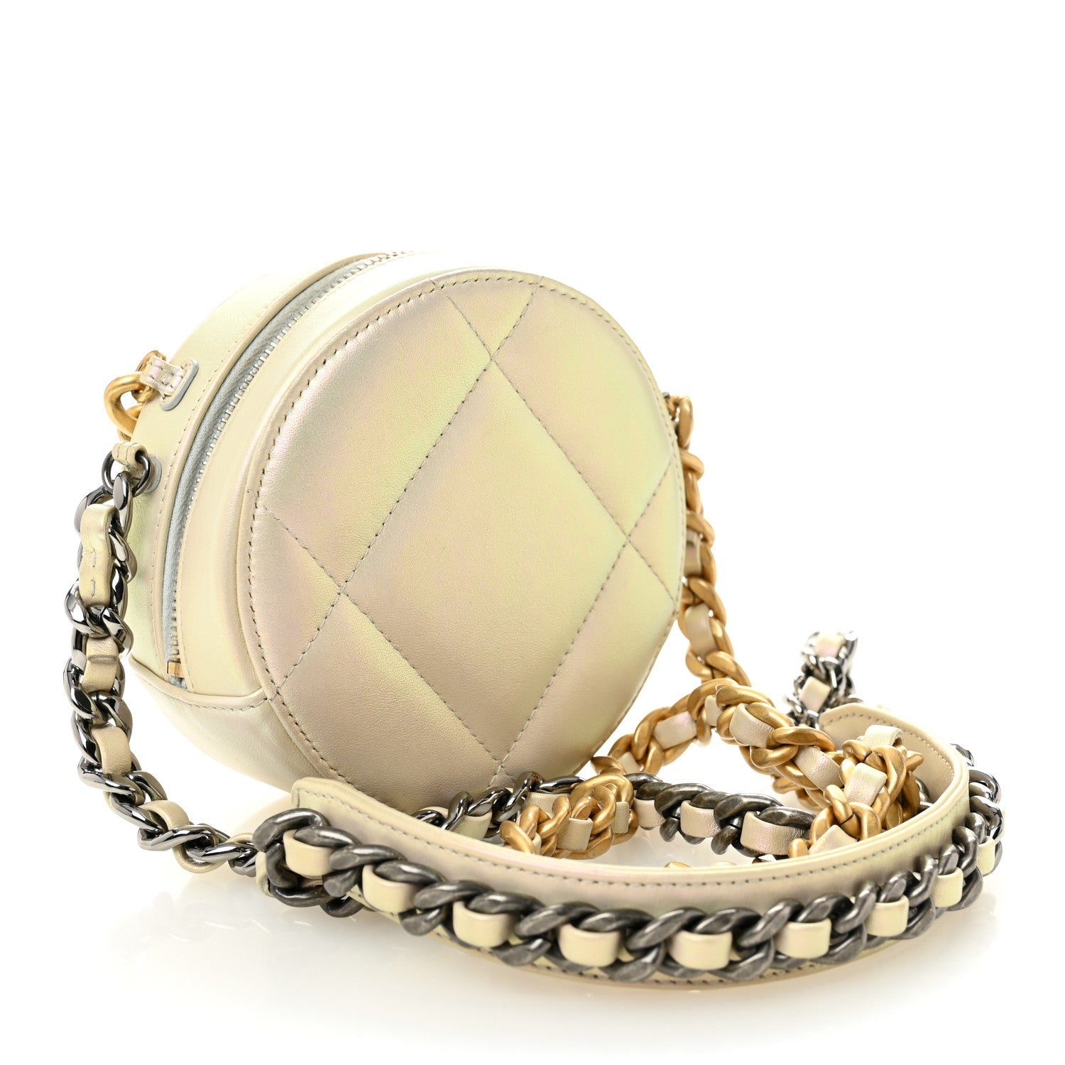 Iridescent Calfskin Quilted CHNL 19 Round Clutch With Chain White