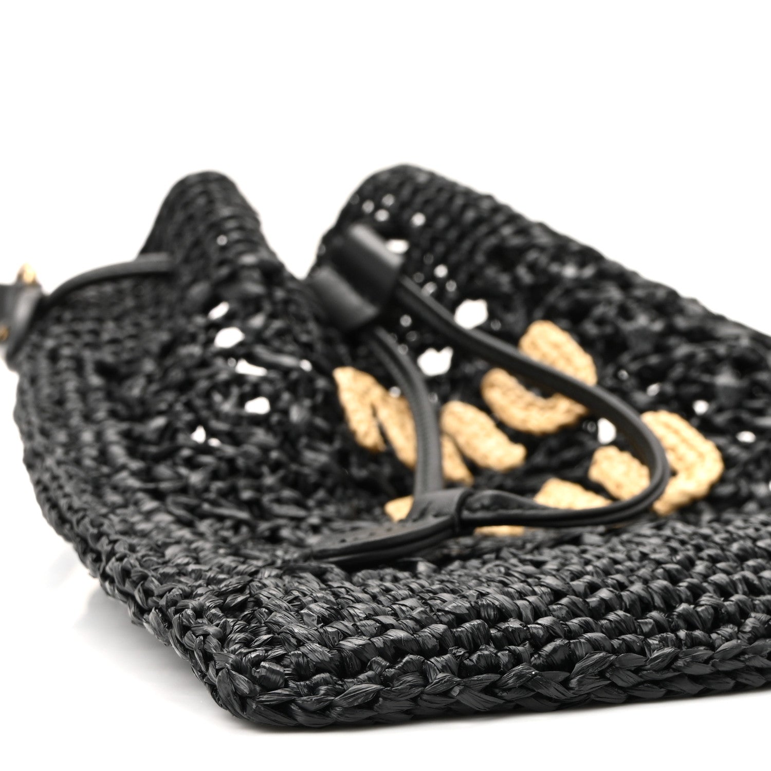 Raffia Crochet Drawstring Pouch Black Naturale
