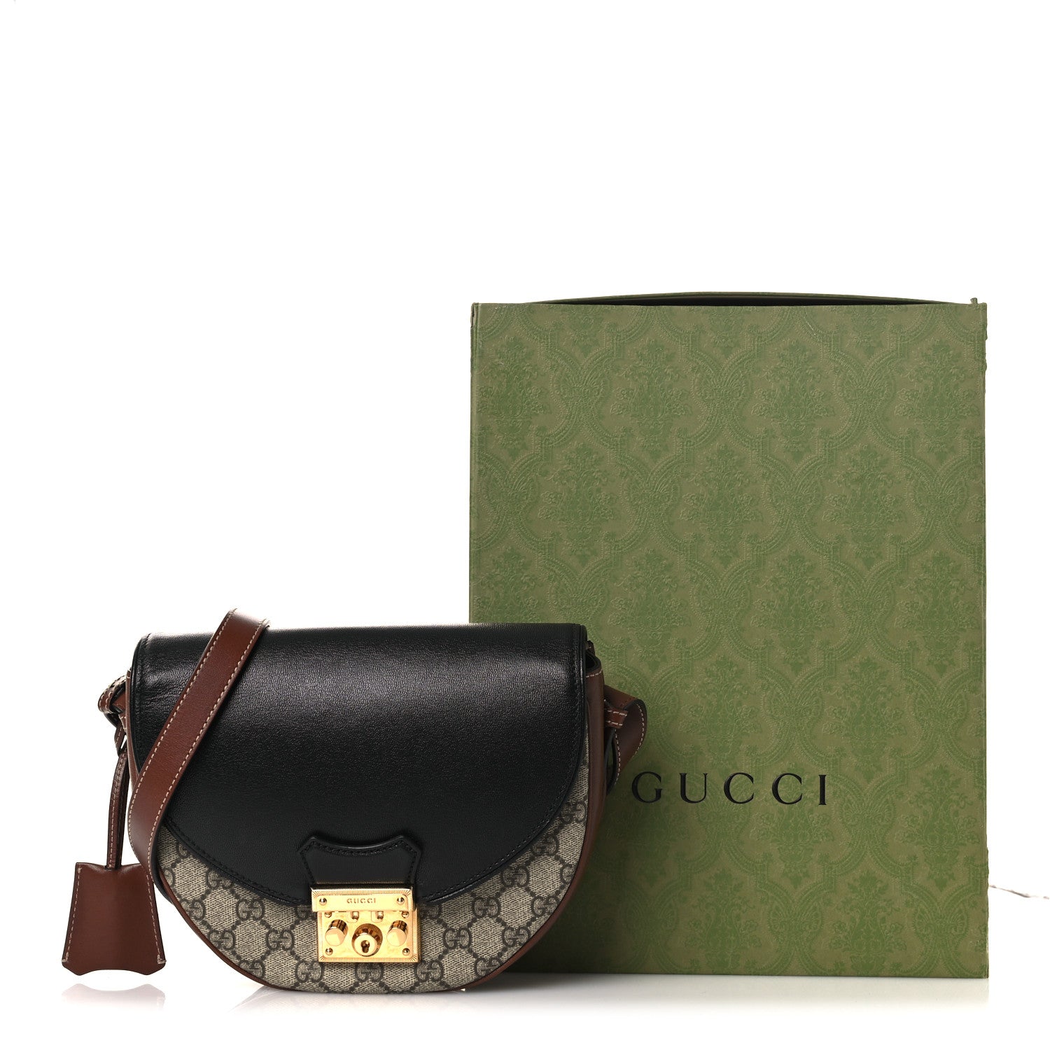 GG Supreme Monogram Calfskin Small Padlock Messenger Shoulder Bag Beige Black Cuir