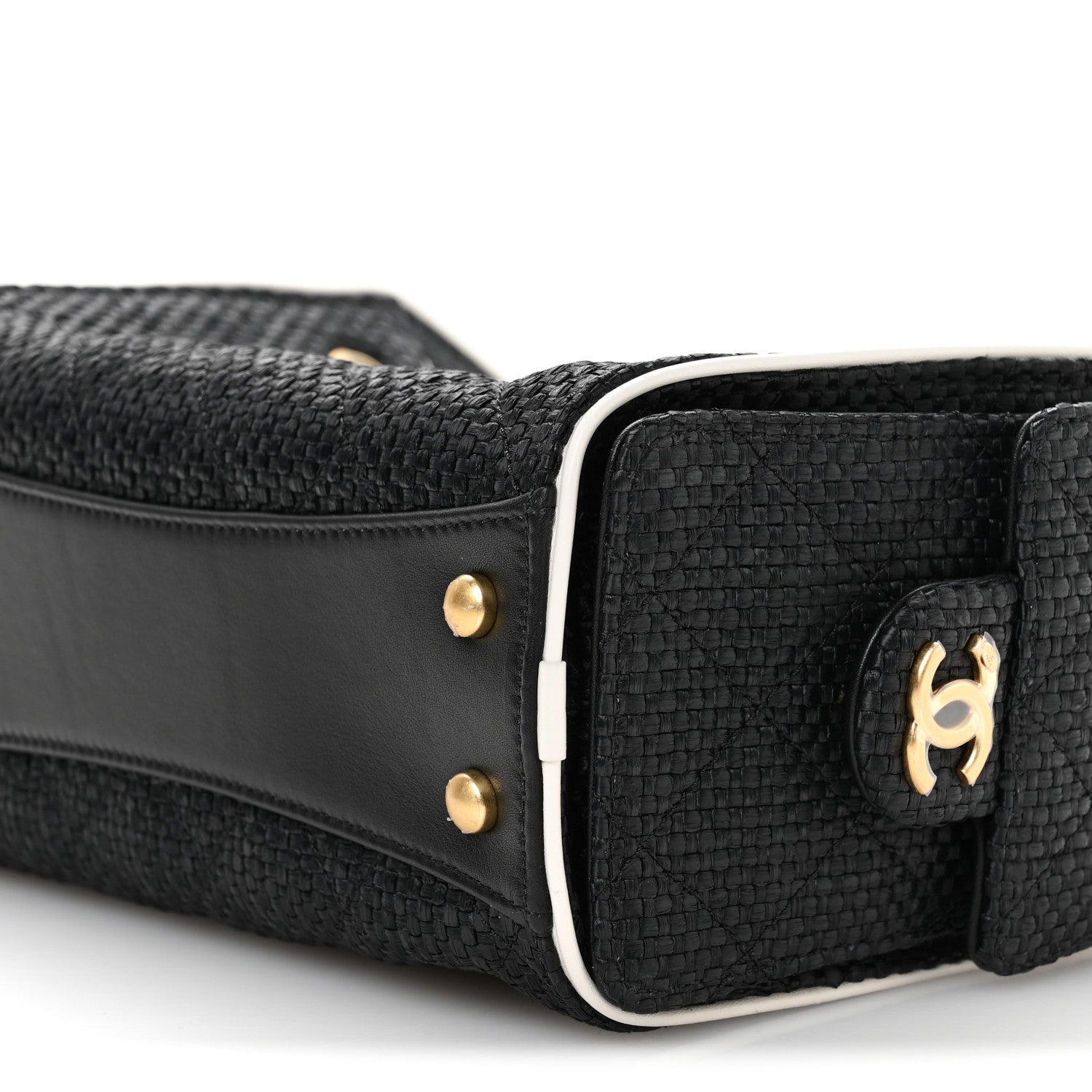 Braided Raffia Calfskin Quilted Mini CHNL 25 Handbag Black White