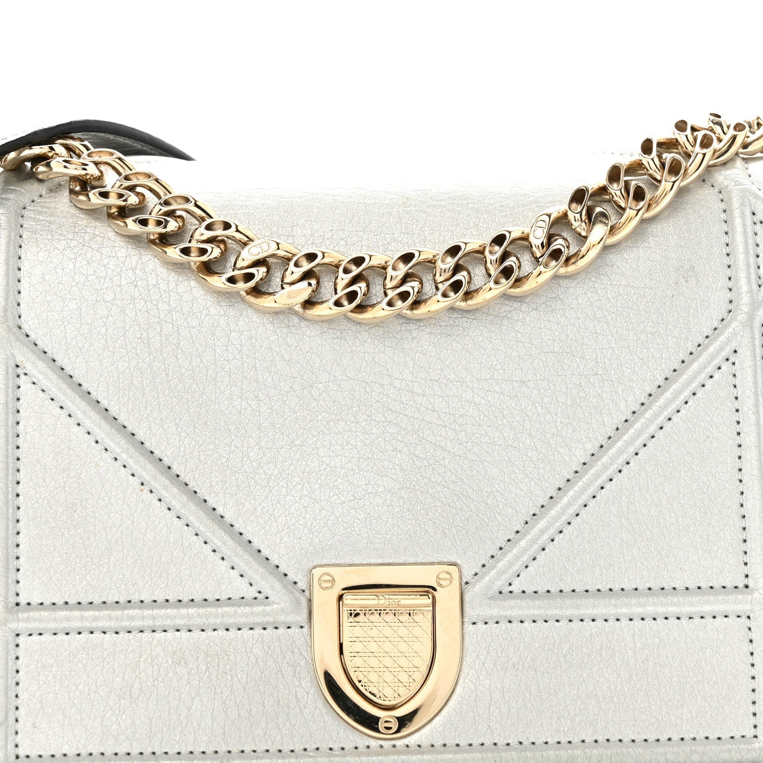 Metallic Grained Calfskin D1ORama Wallet on Chain Pouch Silver