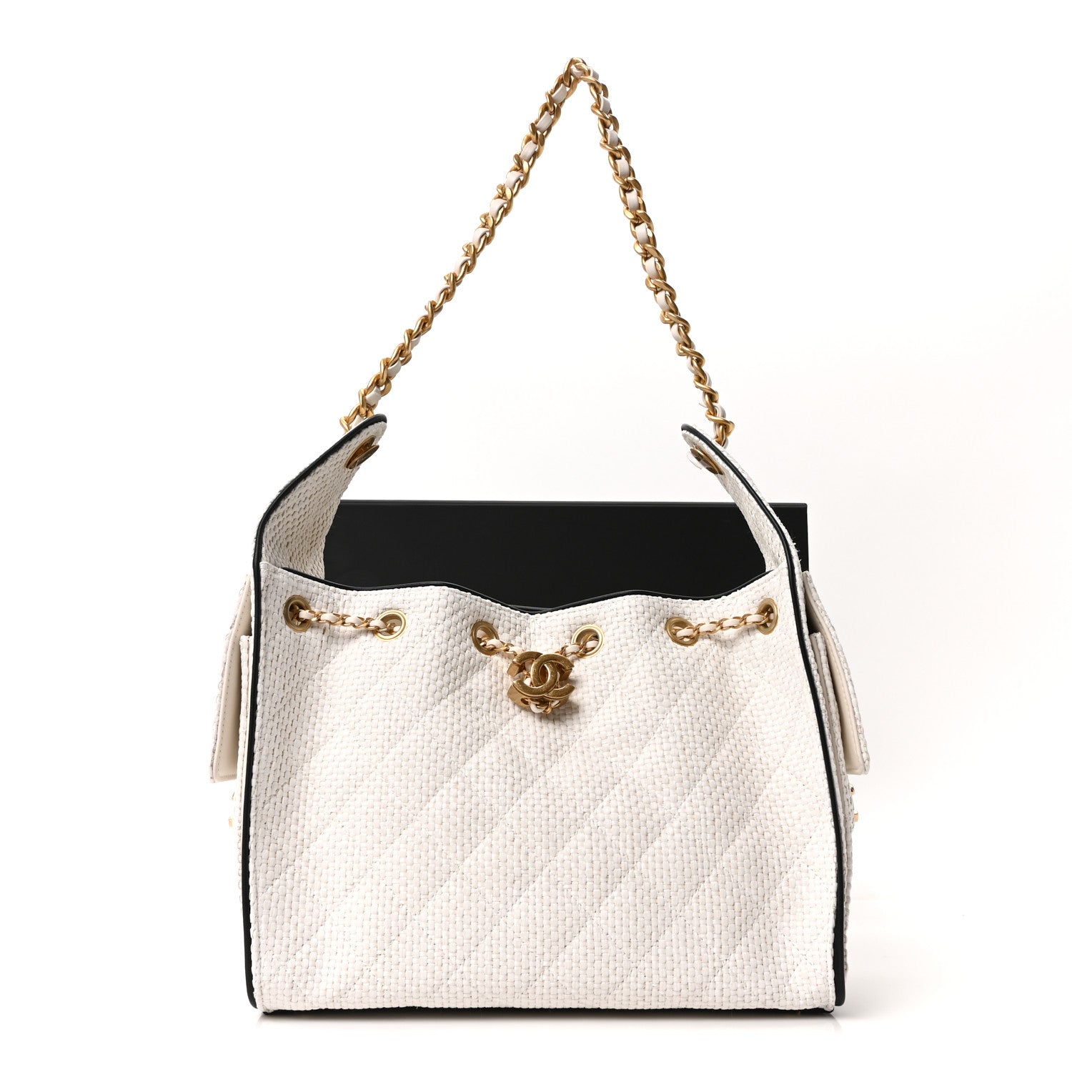 Braided Raffia Calfskin Quilted Small CHNL 25 Handbag White Black