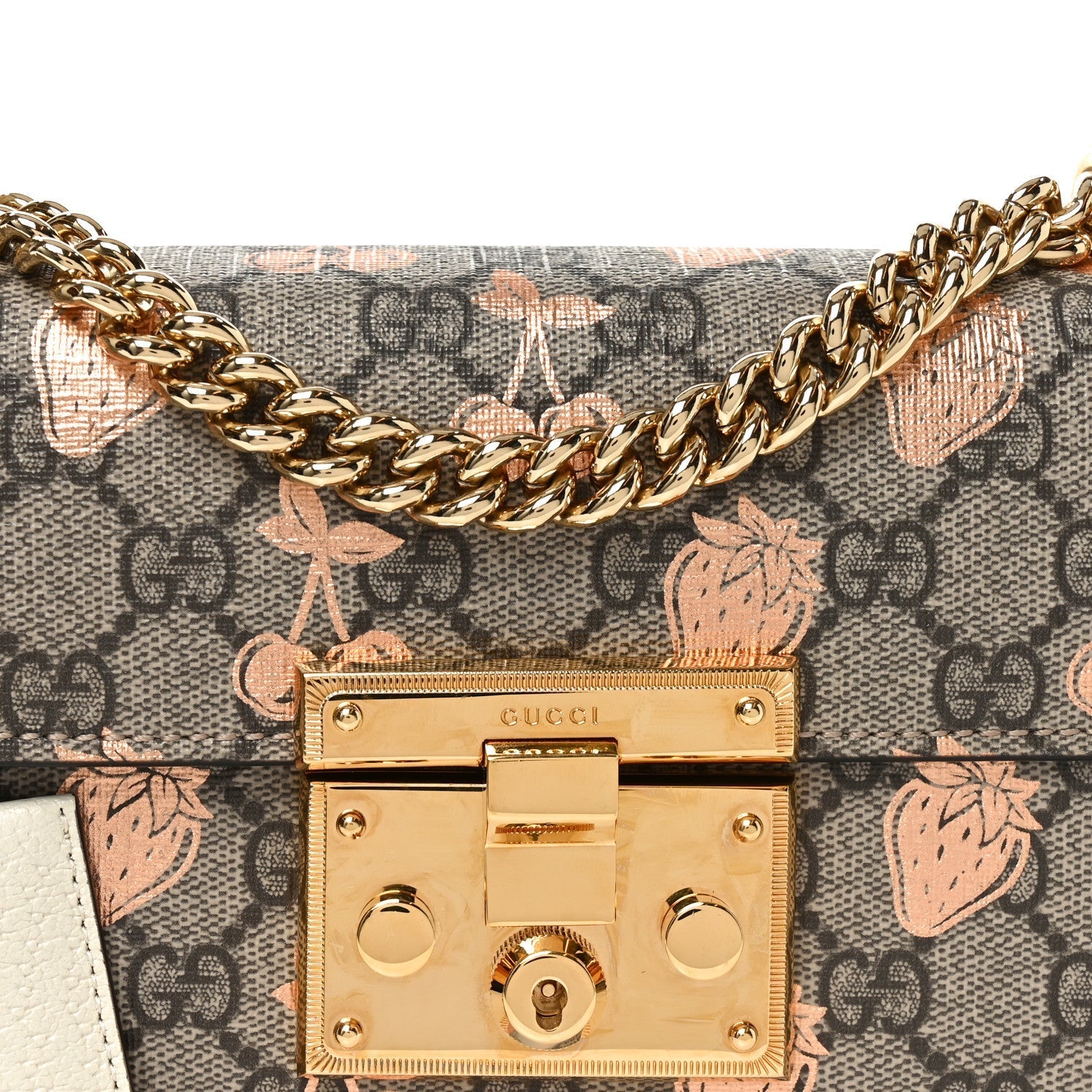 GG Supreme Monogram Berry Textured Dollar Calfskin Small Padlock Shoulder Bag Beige Ebony Light Copper Mystic White
