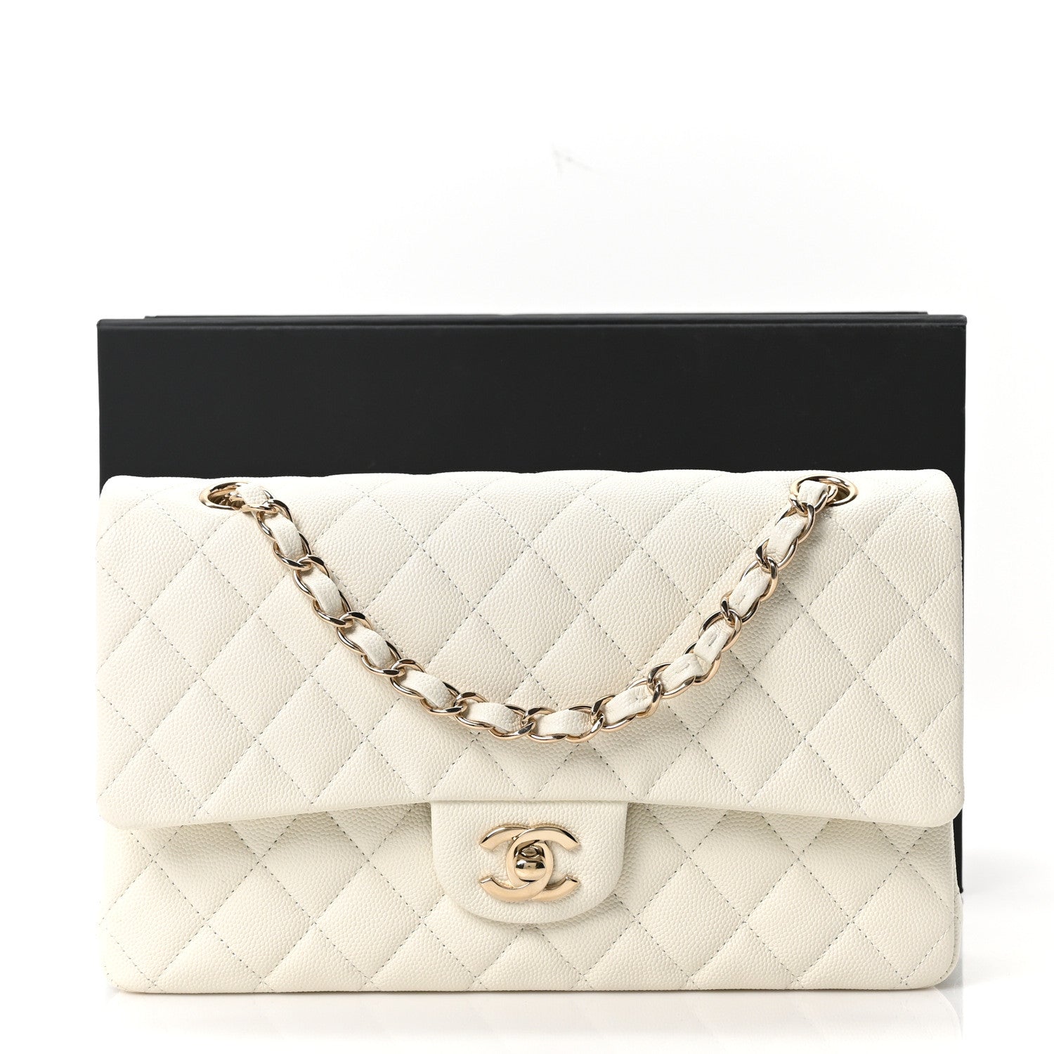 Caviar Quilted Medium Double Flap White