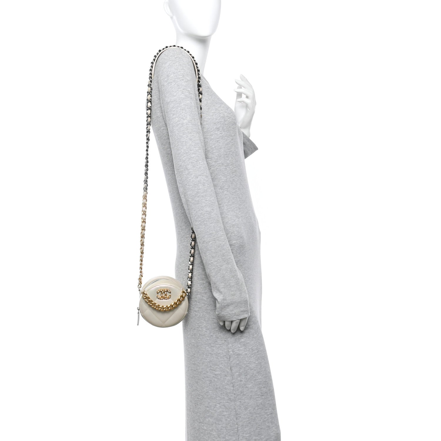 Iridescent Calfskin Quilted CHNL 19 Round Clutch With Chain White