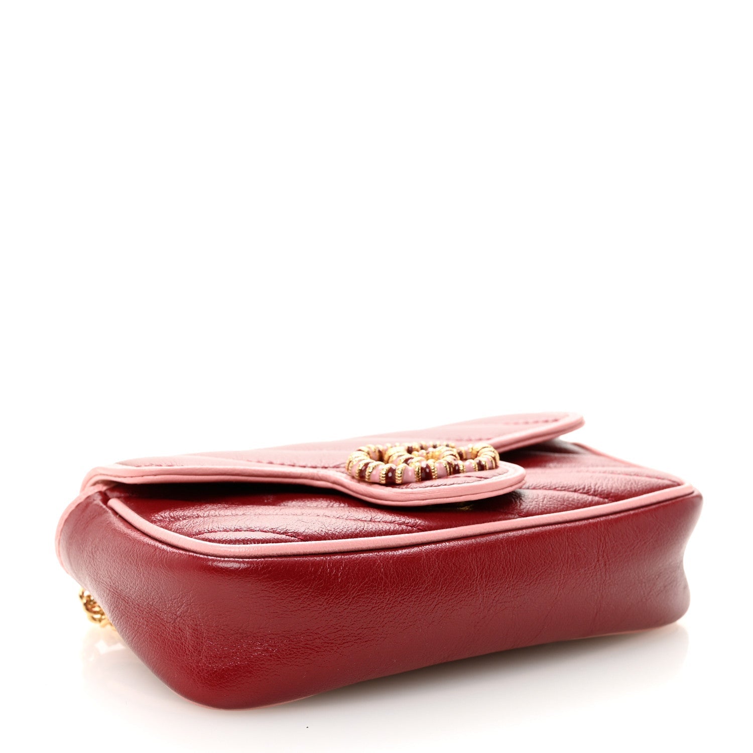 Azalea Calfskin Enamel Matelasse Diagonal Super Mini Torchon GG Marmont Shoulder Bag New Cherry Red Wild Rose