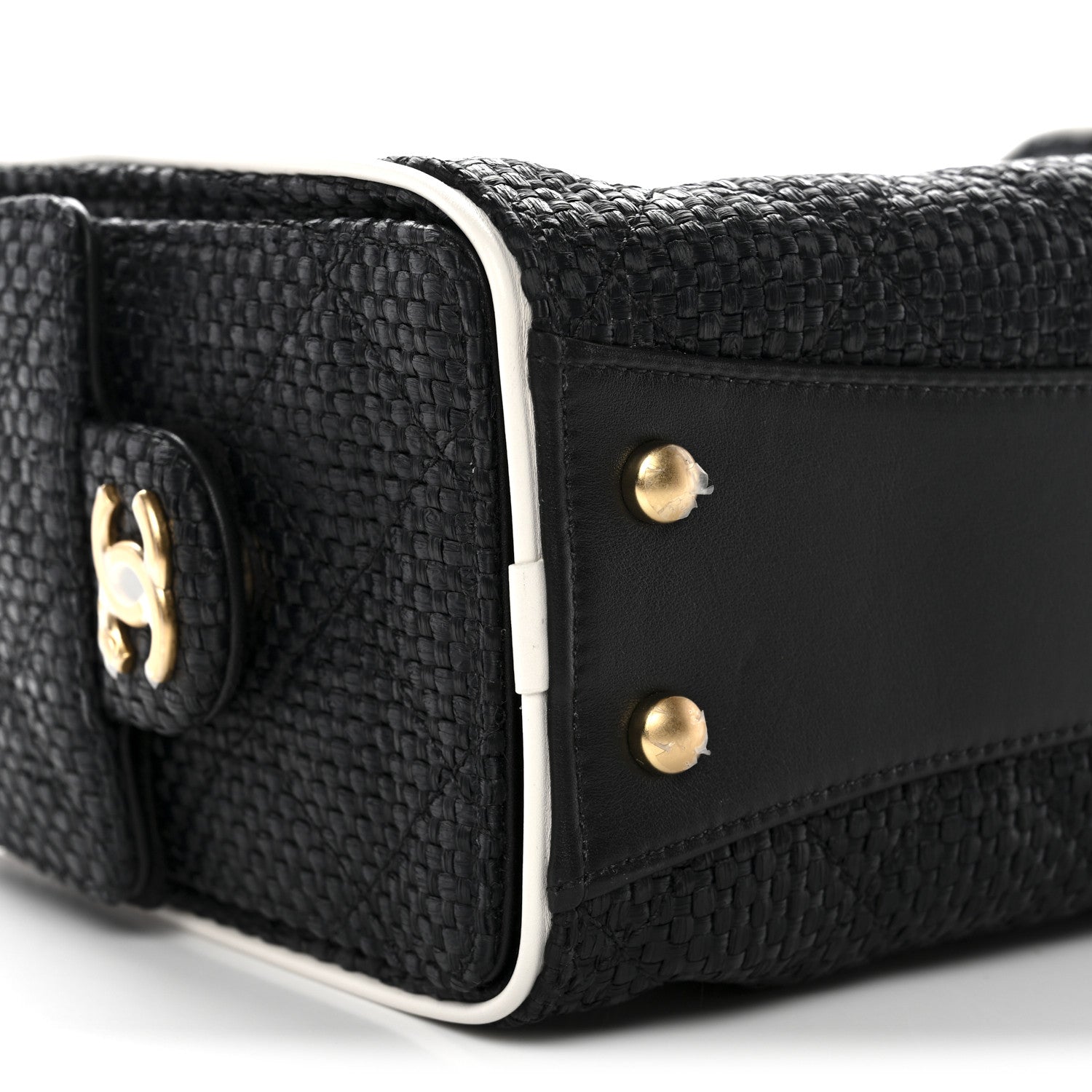 Braided Raffia Calfskin Quilted Mini CHNL 25 Handbag Black White