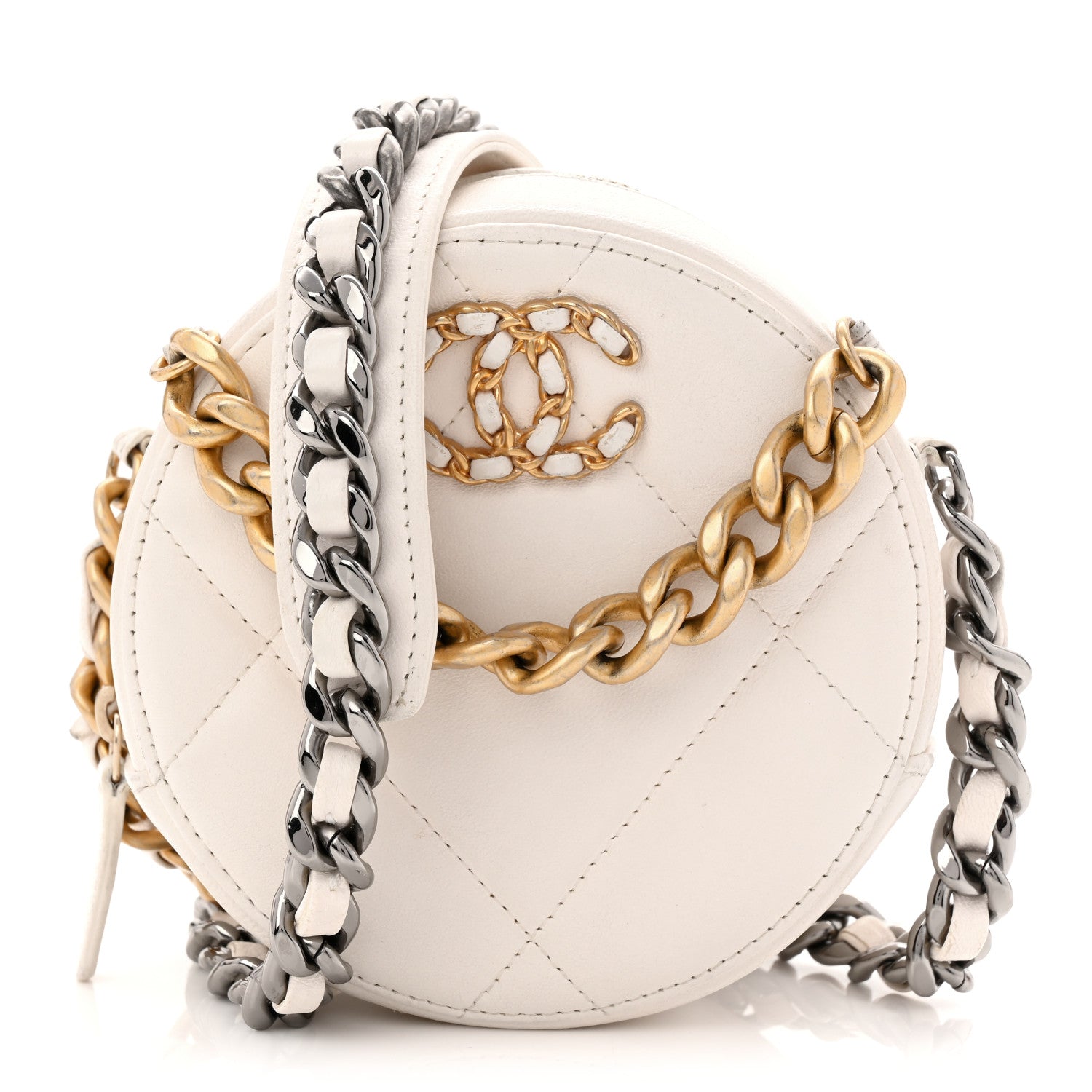 Shiny Goatskin Quilted CHNL 19 Round Clutch With Chain White
