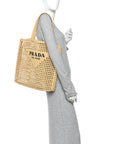 Yarn Raffia Effect Crochet Logo Embroidered Tote Bag Naturale