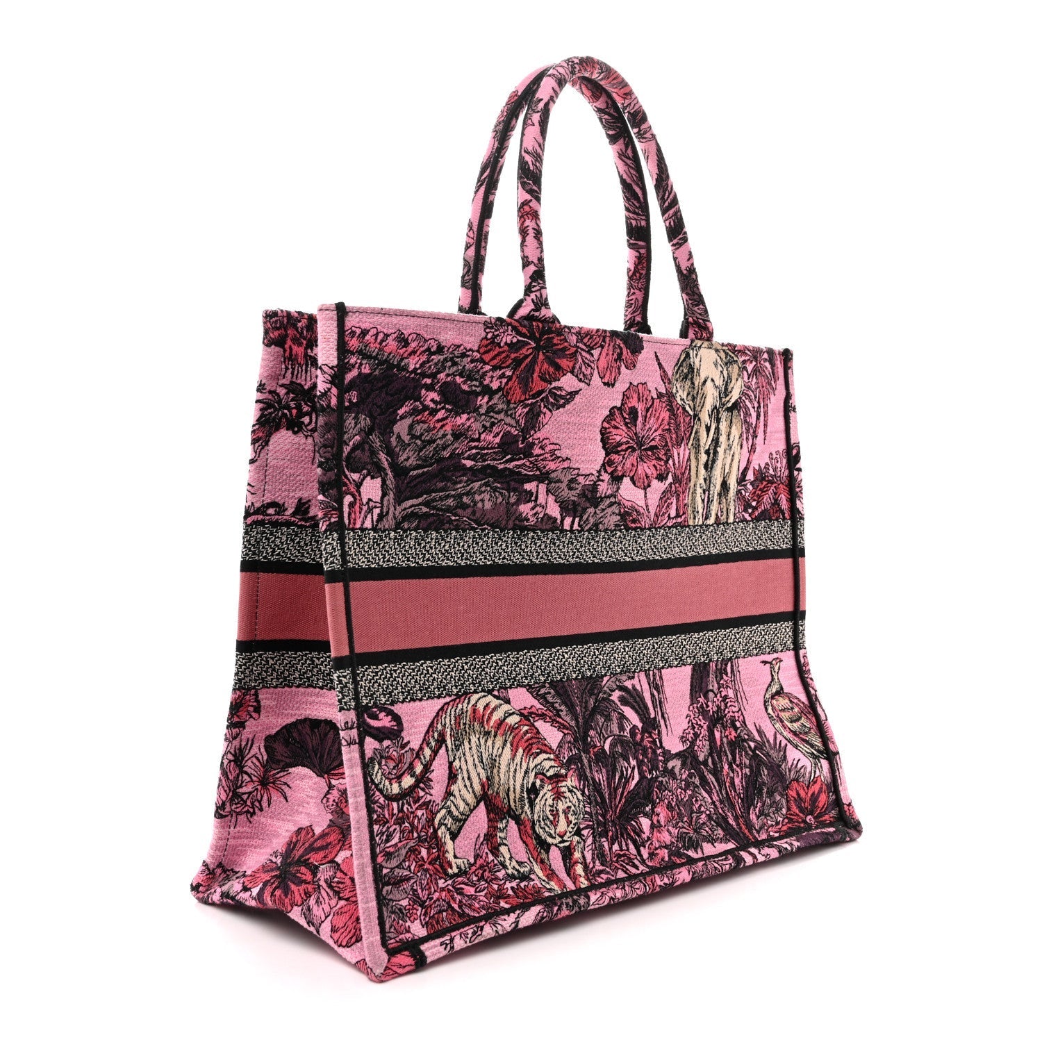 Canvas Embroidered Large Toile de Jouy Voyage Book Tote Fuchsia Multicolor