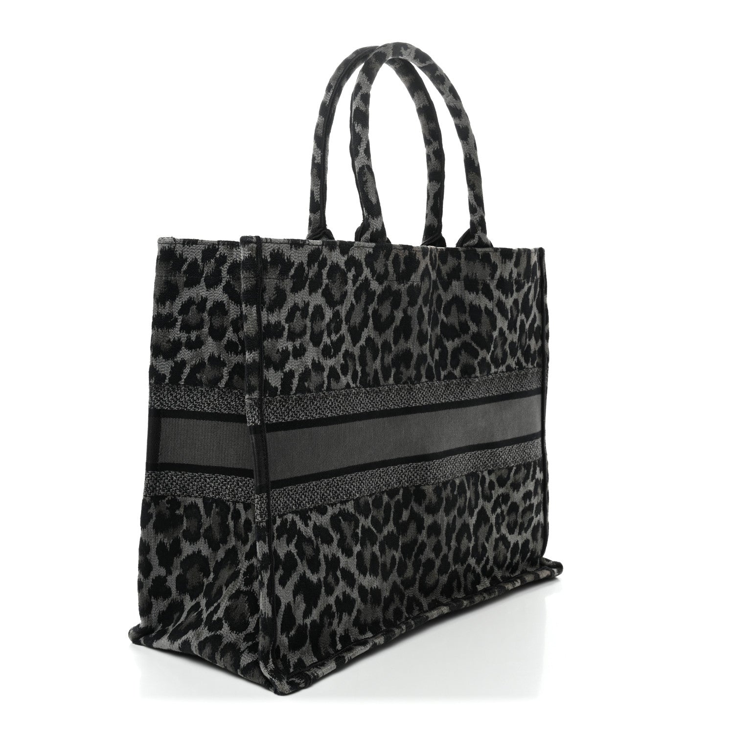 Canvas Mizza Embroidered Large Leopard Book Tote Grey