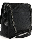 Crinkled Calfskin Matelasse Monogram Large Niki Chain Satchel Black